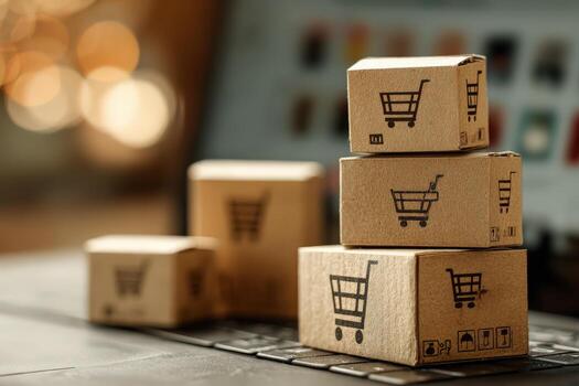 Stacked cardboard boxes with shopping cart icons are displayed on a laptop keyboard, symbolizing online shopping and e-commerce trends in a modern digital environment photo