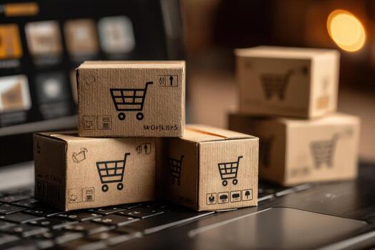 Stacked cardboard boxes with shopping cart icons on a laptop keyboard, symbolizing online shopping and e-commerce, showcasing modern retail and consumer convenience photo