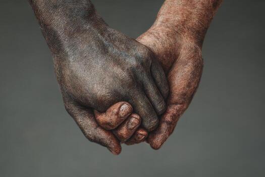 Two hands, one with dark skin and the other with light skin, clasped together, symbolizing unity, friendship, and connection against a neutral background photo