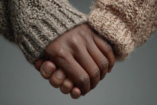 Hands of two individuals, one with dark skin and the other with light skin, clasped together, showcasing unity and connection in a warm, textured setting photo