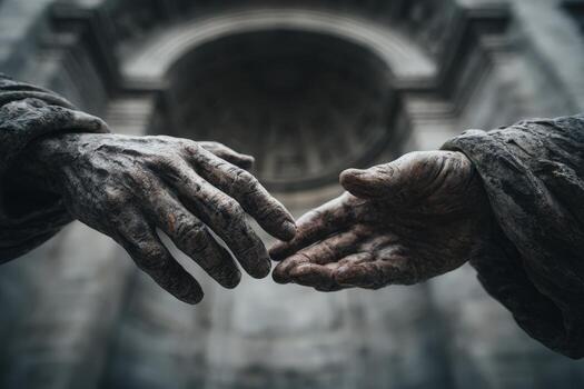 Two weathered hands reaching towards each other, symbolizing connection and unity, set against a blurred architectural background, evoking a sense of hope and togetherness photo