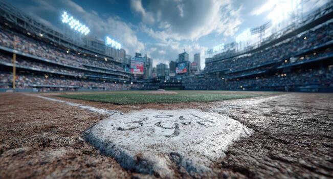 Baseball field perspective from home plate, showcasing the vibrant stadium atmosphere, with cheering crowd and bright lights illuminating the game environment photo