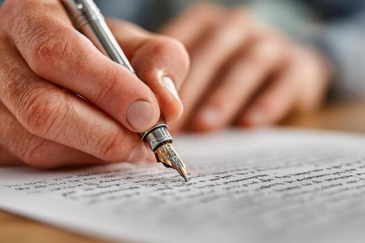 Close-up of a male hand holding a fountain pen, writing on a sheet of paper with handwritten text, showcasing the art of writing and personal expression in a creative workspace photo