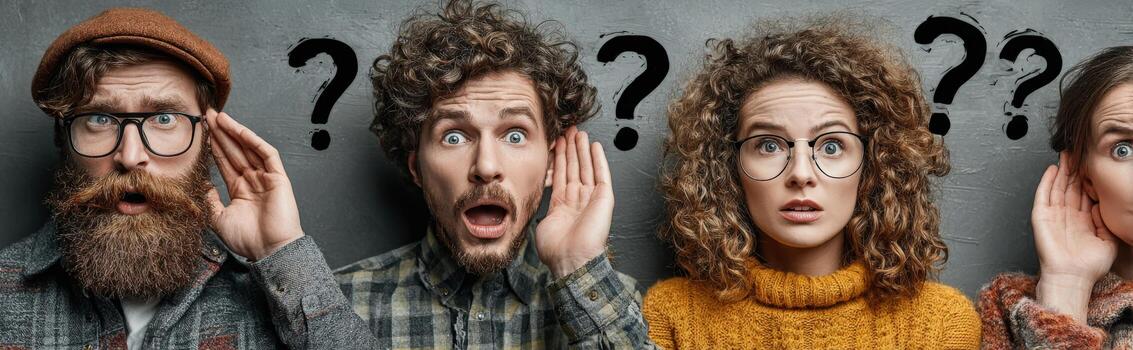 Group of diverse individuals with expressive faces, showcasing curiosity and confusion, against a textured gray wall, embodying the concept of questioning and seeking answers photo