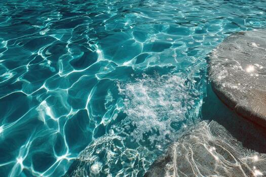 Crystal clear water in a swimming pool, with sunlight reflecting on the surface, creating a serene atmosphere and inviting environment for relaxation and leisure activities photo