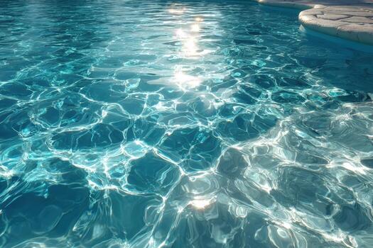 Clear turquoise water surface in a swimming pool reflecting sunlight, creating shimmering patterns and textures, inviting relaxation and leisure in a tranquil setting photo