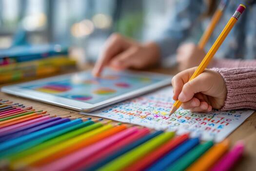 Young child holding a yellow pencil, engaged in colorful learning activity with vibrant crayons and digital tablet, fostering creativity and educational development in a bright environment photo