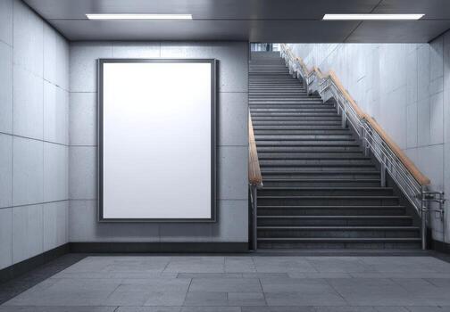 Empty wall space with large blank poster frame in modern interior, featuring sleek staircase and minimalist design elements, ideal for advertising or promotional use photo