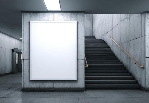 vacío burlarse de arriba espacio en un moderno urbano hueco de escalera con hormigón paredes y un grande blanco marco para publicidad, exhibiendo contemporáneo arquitectónico diseño y minimalismo foto