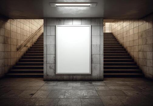 Empty subway station with two staircases leading up, featuring a large blank poster frame on the wall, ideal for advertising or promotional content with copy space photo