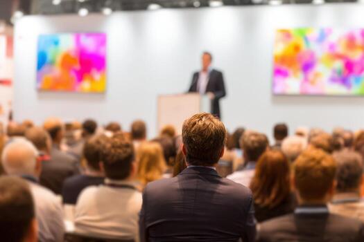 Audience of diverse individuals attentively listening to a speaker at a conference, with colorful abstract art displayed on the walls, creating an engaging atmosphere for learning photo