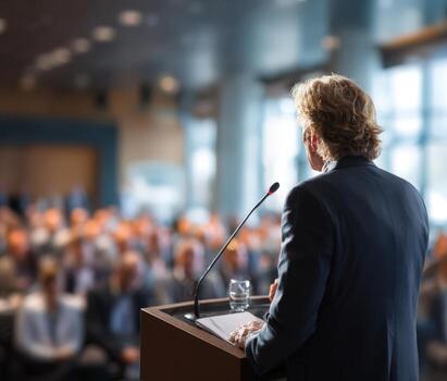 Male speaker in formal attire addresses a large audience from a podium, with blurred attendees in the background, creating an engaging atmosphere for public speaking photo