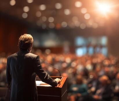 Male speaker stands at podium addressing a large audience in a conference hall, with blurred attendees and warm lighting creating an engaging atmosphere for public speaking photo