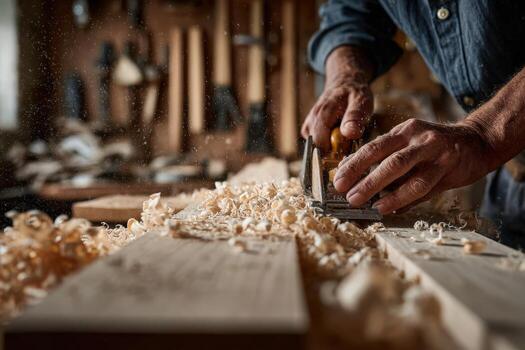 Skilled carpenter using hand plane on wooden boards, surrounded by wood shavings, in a rustic workshop, showcasing traditional craftsmanship and dedication to woodworking photo
