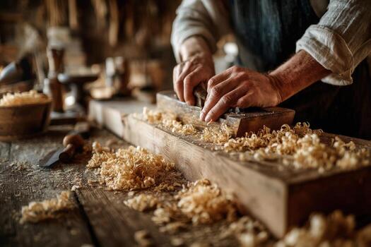 Skilled craftsman using hand plane on wooden plank, surrounded by wood shavings and tools, showcasing traditional woodworking techniques in a rustic workshop environment photo