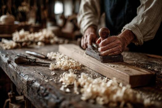 Skilled artisan, using a hand plane on a wooden board, surrounded by wood shavings and tools, showcasing traditional craftsmanship in a rustic workshop environment photo