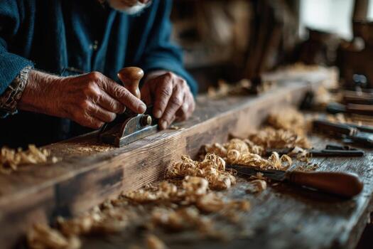 Skilled artisan using hand plane to shape wood on workbench, surrounded by shavings and tools, showcasing craftsmanship and dedication to woodworking techniques photo