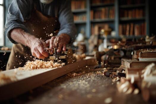 Skilled elderly carpenter using hand plane on wooden plank, surrounded by shavings and tools in a rustic workshop, showcasing craftsmanship and dedication to woodworking photo