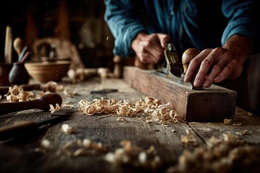Skilled craftsman using a hand plane on a wooden plank, surrounded by shavings and tools, showcasing traditional woodworking techniques in a rustic workshop environment photo
