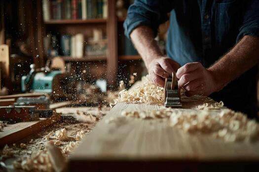Skilled carpenter using hand plane on wooden board in workshop, surrounded by shavings and tools, showcasing craftsmanship and dedication to woodworking art photo