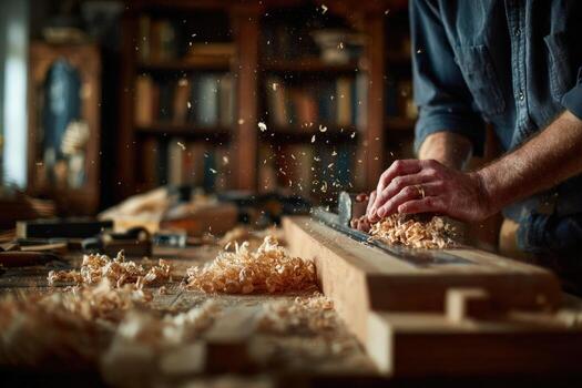 Skilled carpenter using hand plane to shape wood, surrounded by shavings and tools in a rustic workshop, showcasing craftsmanship and dedication to woodworking photo