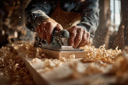 Skilled carpenter using hand planer on wooden board, surrounded by wood shavings, showcasing craftsmanship and dedication in a well-lit workshop environment photo