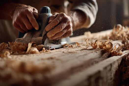 Skilled craftsman using electric planer on wooden surface, creating fine shavings, surrounded by workshop tools, showcasing dedication to woodworking craftsmanship and artistry in action photo