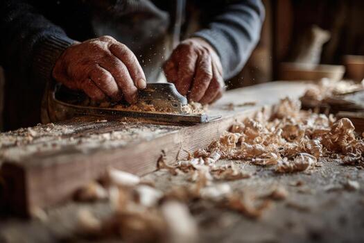 Skilled craftsman, using a hand planer on a wooden plank, surrounded by wood shavings, showcasing traditional woodworking techniques and craftsmanship in a rustic workshop environment photo