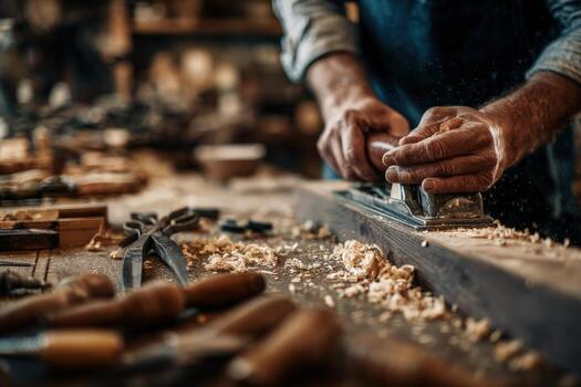 Skilled carpenter using hand plane on wooden plank in workshop, surrounded by tools and shavings, showcasing craftsmanship and dedication to woodworking photo