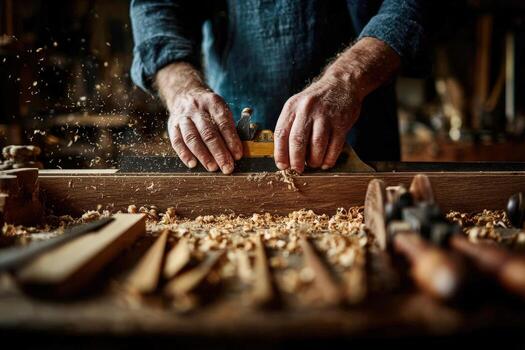 Skilled craftsman with weathered hands using a hand plane on a wooden board, surrounded by shavings and tools, showcasing traditional woodworking techniques and craftsmanship photo