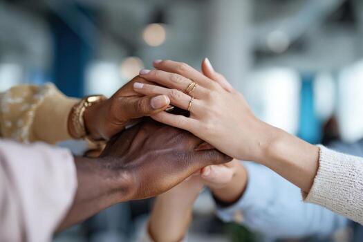 diverso grupo de manos, incluso oscuro y ligero piel tonos, apilado juntos en un colaborativo gesto, simbolizando unidad, trabajo en equipo, y apoyo en un moderno espacio de trabajo ambiente foto
