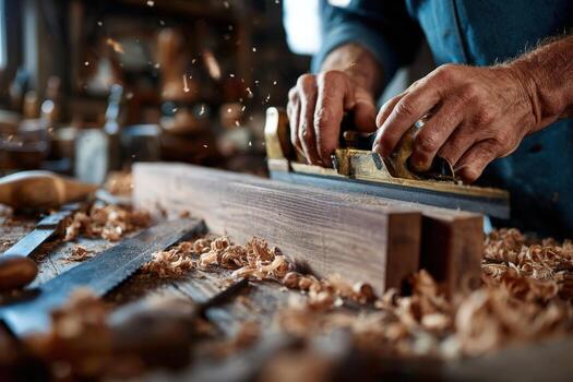Skilled carpenter using hand plane on wooden plank in workshop, surrounded by tools and wood shavings, showcasing craftsmanship and dedication to woodworking photo