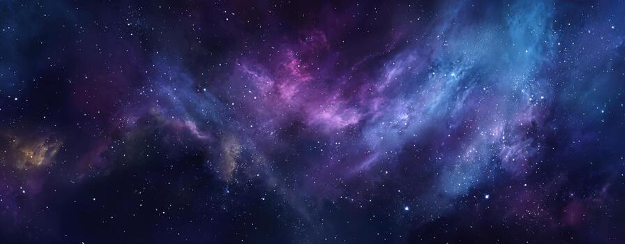 Vast cosmic expanse featuring vibrant nebulae in shades of purple and blue, scattered stars illuminating the dark space, creating a mesmerizing celestial scene photo