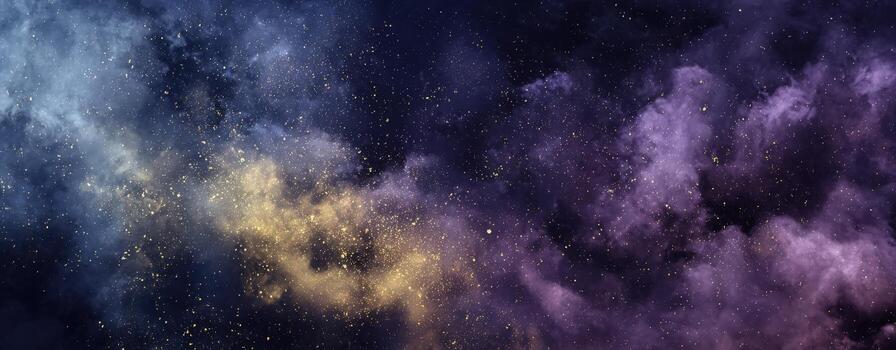 Cosmic nebula with swirling clouds of purple, blue, and gold hues, illuminated by distant stars, creating a mesmerizing celestial atmosphere in deep space photo