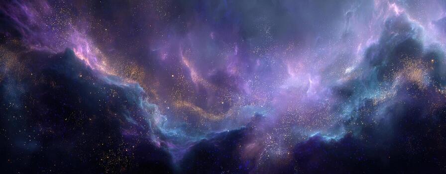 Cosmic nebula in vibrant hues of purple and blue, swirling clouds of gas and dust illuminated by distant stars, creating a mesmerizing celestial scene of the universe photo
