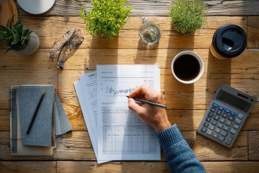 Business professional analyzing financial data on documents with graphs, surrounded by office supplies, plants, and coffee, showcasing productivity and focus in a workspace photo