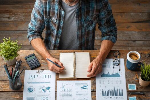 Male professional in plaid shirt is analyzing data and taking notes in a notebook, surrounded by graphs, calculator, and coffee, illustrating a focused work environment photo