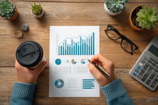 Individual analyzing financial data on paper with graphs and charts, holding coffee cup, surrounded by calculator and plants, showcasing productivity and organization in workspace photo