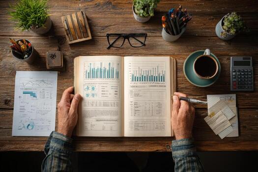 Hands of a person analyzing financial data in an open notebook, surrounded by office supplies, plants, and a cup of coffee, creating a productive workspace atmosphere photo