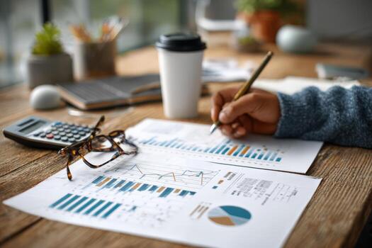 Business professional analyzing financial reports with graphs and charts on wooden desk, holding pen, calculator nearby, showcasing data-driven decision-making process photo