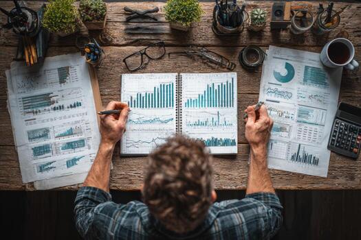 Male analyst reviewing financial data and charts in a cozy workspace, surrounded by plants and tools, showcasing analytical skills and attention to detail photo