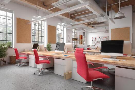 moderno oficina interior presentando espacioso diseño con de madera escritorios, rojo ergonómico sillas, grande ventanas, y natural ligero creando un atractivo espacio de trabajo atmósfera para productividad y colaboración foto