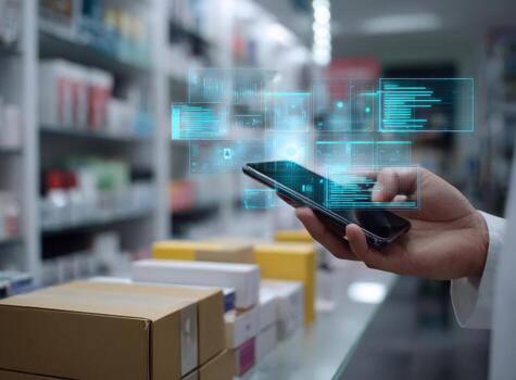 Hand holding smartphone in pharmacy, displaying digital interface with data and information, surrounded by shelves of medicine and product packaging, showcasing modern technology in healthcare photo