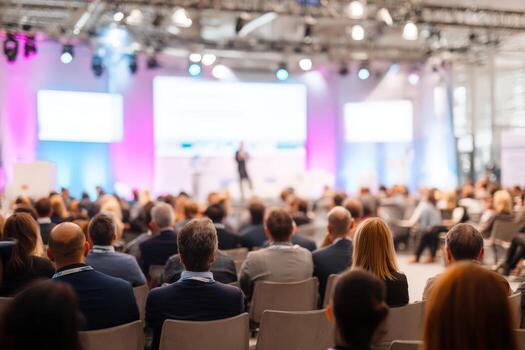 Audience of diverse professionals attentively listening to speaker at a large conference event with vibrant stage lighting and modern presentation setup showcasing engaging atmosphere photo