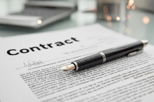 Document titled Contract is placed on a glass table with a fountain pen beside it, symbolizing agreement and legal commitment in a professional environment photo
