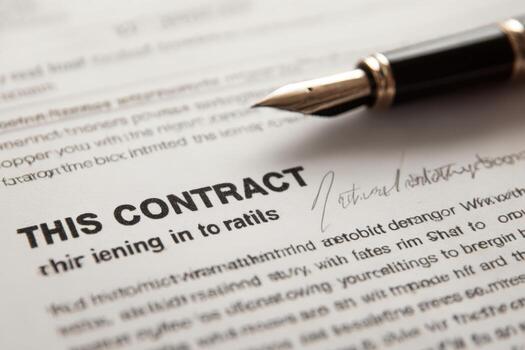 Close-up of a formal contract document with a fountain pen resting on top, showcasing important text and signature lines, emphasizing legal agreements and professionalism photo