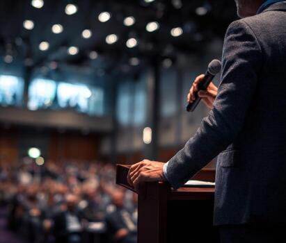 Male speaker in a suit addresses a large audience at a conference, standing behind a podium, engaging listeners with a microphone in a professional setting photo