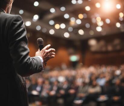 Male speaker in formal attire holds microphone while addressing a large audience in a conference hall, with blurred attendees and warm lighting creating an engaging atmosphere photo