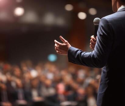 Male speaker in a suit passionately addressing an audience during a conference, with blurred attendees in the background, conveying engagement and inspiration in a professional setting photo