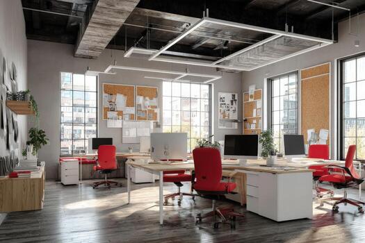 moderno oficina interior presentando espacioso diseño con grande ventanas, de madera piso, rojo ergonómico sillas, y colaborativo espacios de trabajo, creando un vibrante y productivo ambiente foto